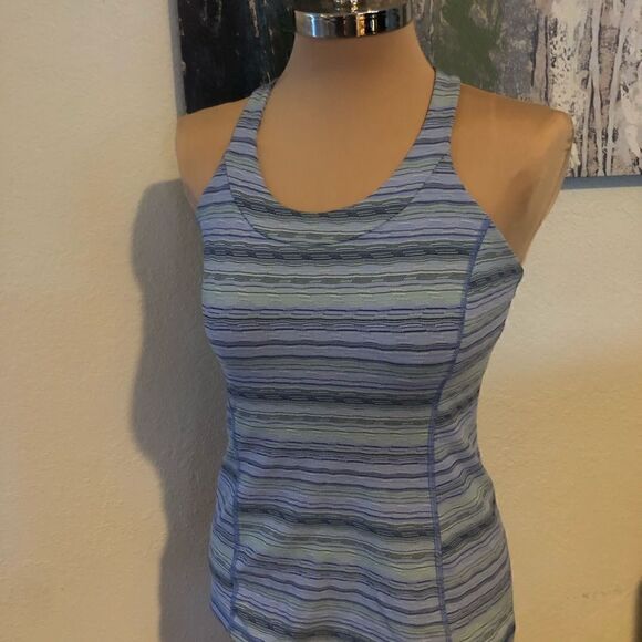 LULULEMON Purple/Yellow Striped Criss Cross Strap Tank Top - Picture 1 of 9